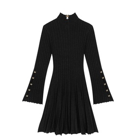 Maje Womens French Dress in red, ribbed knit with mock neck, flared sleeves with button detail and pleated skirt