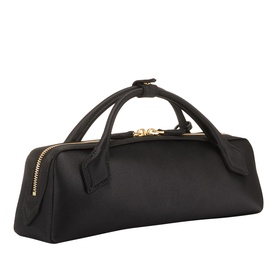 Alaia noir calf leather clutch bag with dual top handles, zip closure, and gold-tone hardware, angled view.