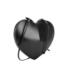 Ala&iuml;a Le Coeur Crossbody Bag in noir black calf leather, 3D heart-shaped silhouette, silver-tone hardware, adjustable strap, shiny finish