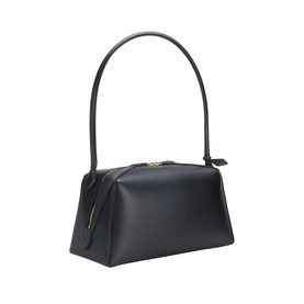 Alaia noir calf leather shoulder bag with single top handle and gold-tone clasp hardware, structured trapeze silhouette