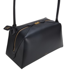 Alaia noir calf leather shoulder bag with gold-tone zip hardware and structured rectangular silhouette, flat top handles