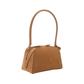 Alaia Terre D'Ombre leather shoulder bag with structured silhouette, single top handle, and gold-tone clasp fastening