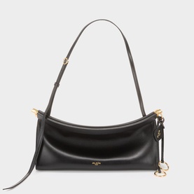 Alaia Le Click Medium Shoulder Bag in Noir smooth leather, gold-tone hardware, buckle strap, hinge opening, curved silhouette