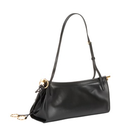 Alaia Le Click Medium Shoulder Bag in noir smooth leather, gold-tone hardware, metal ring detail, adjustable shoulder strap and decorative ties