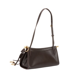 Alaia Le Click Small Shoulder Bag in Marron Fonce smooth leather, gold-tone hardware, adjustable strap, hinge opening, decorative ties with metal