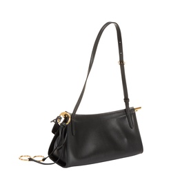 Alaia Le Click Small Shoulder Bag in Noir smooth leather, gold-tone hardware, adjustable strap, hinge opening, decorative ties with metal ring detail