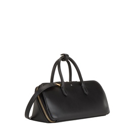 Alaia Noir calf leather tote bag with rolled top handles, gold-tone zip detail, and detachable crossbody strap