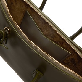 Alaia Vert Camouflage calf leather tote interior view showing gold zip pocket and tan suede lining