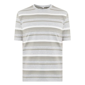 Arne Crew Neck T in Marl Grey with multicolour horizontal stripes, short sleeves, and relaxed fit