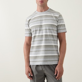 Model wearing Arne Crew Neck T in Marl Grey with multicolour horizontal stripes, paired with grey shorts.