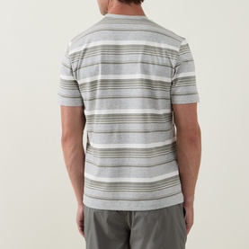 Model wearing Arne Crew Neck T in Marl Grey with multi-stripe pattern, shot from behind, styled with grey shorts.