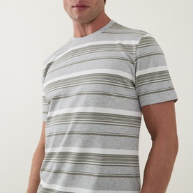 Model wearing Arne Crew Neck T in Marl Grey with multi-stripe pattern in olive, white and grey tones, short sleeves, crew neckline.