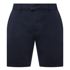 Arne Tailored Slim-Leg Chino Shorts in navy, mid-rise with concealed zip fly, slim leg, and rear jetted pockets