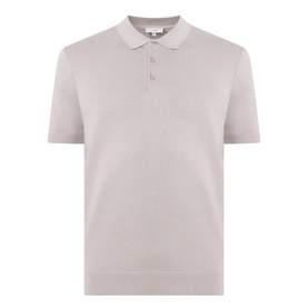 Arne Stone knit polo shirt with short sleeves, ribbed hem and cuffs, and three-button placket collar