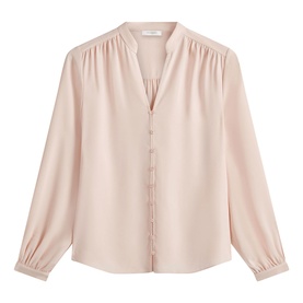 Hobbs blush pink long-sleeve blouse with V-neckline, gathered shoulder detail, and elasticated cuffs