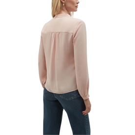 Model wearing Hobbs blush pink long-sleeve blouse with button placket and gather detail, styled with dark blue jeans, back view