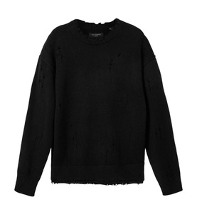 Black knitted crew neck jumper with distressed ladder-stitch detail and frayed hem, long sleeves, relaxed fit