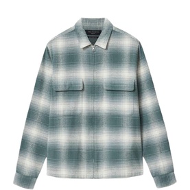 All Saints blue ombre check zip-front overshirt with dual chest pockets, in a relaxed fit