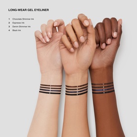 Three wrists swatched with Bobbi Brown Long-Wear Gel Eyeliner shades including Black Ink, across light, medium and deep skin tones