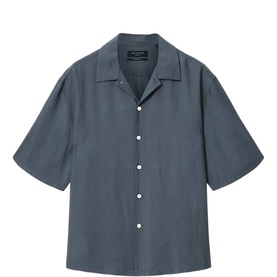 All Saints Canis Grey short-sleeve camp collar shirt with white buttons, relaxed fit