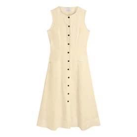 Hobbs soft yellow sleeveless midi dress with button-through front, round neck, and front patch pockets, A-line silhouette