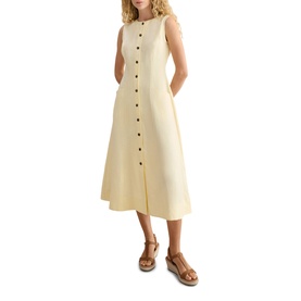 Model wearing Hobbs soft yellow sleeveless midi dress with button-through front and A-line skirt, styled with tan flatform sandals