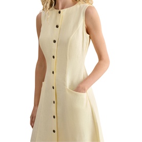 Model wearing Hobbs soft yellow sleeveless button-through midi dress with patch pocket and contrast piping detail