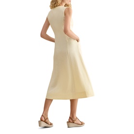Model wearing Hobbs soft yellow sleeveless midi dress with A-line skirt, shown from behind, styled with beige wedge sandals