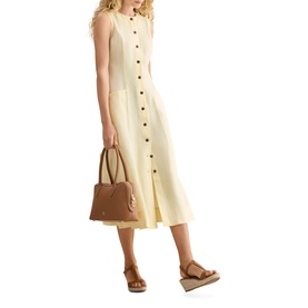 Model wearing Hobbs soft yellow sleeveless midi dress with button front and patch pockets, styled with tan sandals and brown structured tote bag.