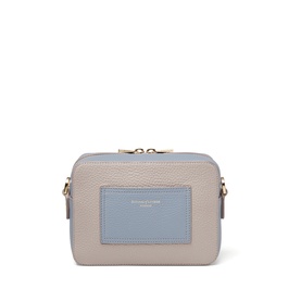 Aspinal of London Sky Blue small crossbody camera bag, pebbled leather, contrast front pocket, gold-tone zip and hardware
