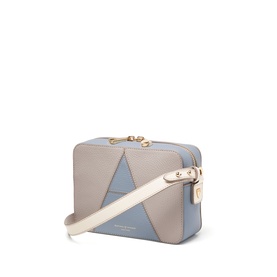 Aspinal of London Sky Blue patchwork camera bag with cream leather strap and gold-tone zip hardware