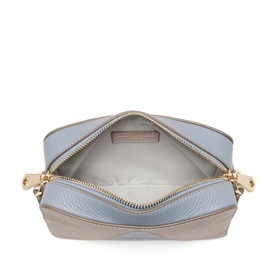 Aspinal of London sky blue and taupe crossbody bag, open top view showing gold zip, interior lining and gold chain strap detail