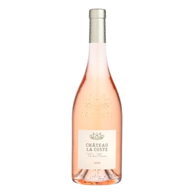 Ch&acirc;teau La Coste Ch&acirc;teau Ros&eacute;, pale pink wine in a tall bottle with embossed label and silver cap, Grenache Syrah Cinsault blend