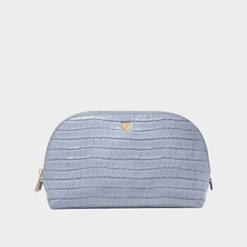 Aspinal of London sky blue croc-embossed cosmetic pouch with gold zip and heart charm detail