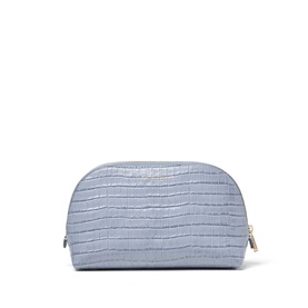 Aspinal of London sky blue croc-embossed cosmetic pouch with gold zip and domed top, no strap
