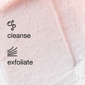Clinique exfoliating cleanser texture swatch in soft pink, with cleanse and exfoliate icons highlighting dual-action formula