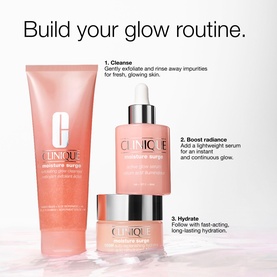 Clinique Moisture Surge skincare set displayed with cleanser, serum, and moisturiser in a build your glow routine flat lay
