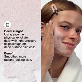 Model with Clinique exfoliator applied to face, shown with derm insight text on skin-smoothing benefits of daily gentle physical exfoliation.