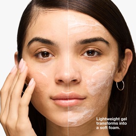 Model with Clinique exfoliator applied to face, split image showing gel texture transforming into soft foam lather on skin