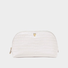 Aspinal of London Chalk White croc-embossed makeup bag with dome shape, zip closure and gold logo plaque