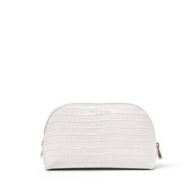 Aspinal of London Chalk White croc-embossed makeup bag with dome shape and gold zip detail