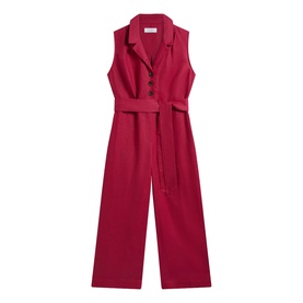 Hobbs cherry pink sleeveless wide-leg jumpsuit with notch collar, button-front placket and self-tie belt