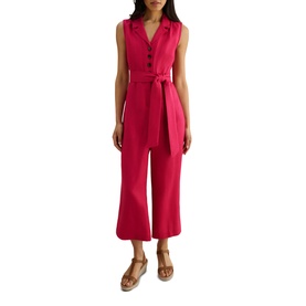 Model wearing Hobbs cherry pink sleeveless belted jumpsuit with button front, wide-leg crop trousers, styled with wedge sandals.