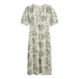 Hobbs ivory multi botanical print midi dress with puff sleeves, V-neckline, button front, and fitted waist