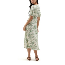 Model wearing Hobbs ivory multi floral print midi dress with short sleeves and wrap-style bodice, styled with tan sandals