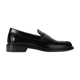 KG by Kurt Geiger black polished leather penny loafer with block heel and square toe, side view