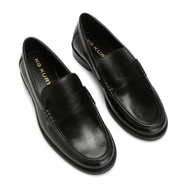 KG by Kurt Geiger black leather penny loafers with stitched apron toe and black sole, overhead flat lay view
