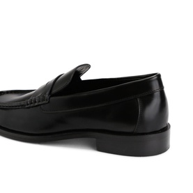 KG by Kurt Geiger black leather penny loafer, heel and side profile view, smooth upper with saddle strap detail and stacked sole