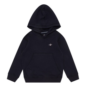 Gant Shield Pocket Hoodie in Evening Blue with embroidered shield logo, kangaroo pocket, fixed hood, and ribbed trims. Children's.