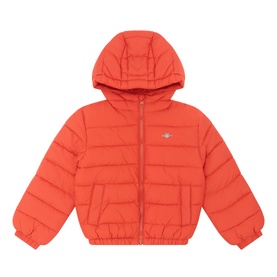 Gant children's Maple Fire quilted hooded puffer jacket with zip fastening and elasticated hem, in orange-red polyester